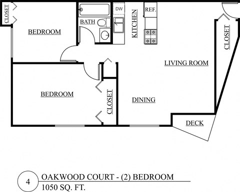Floor plan for 2 beds, 1 bath, 1050 sqft